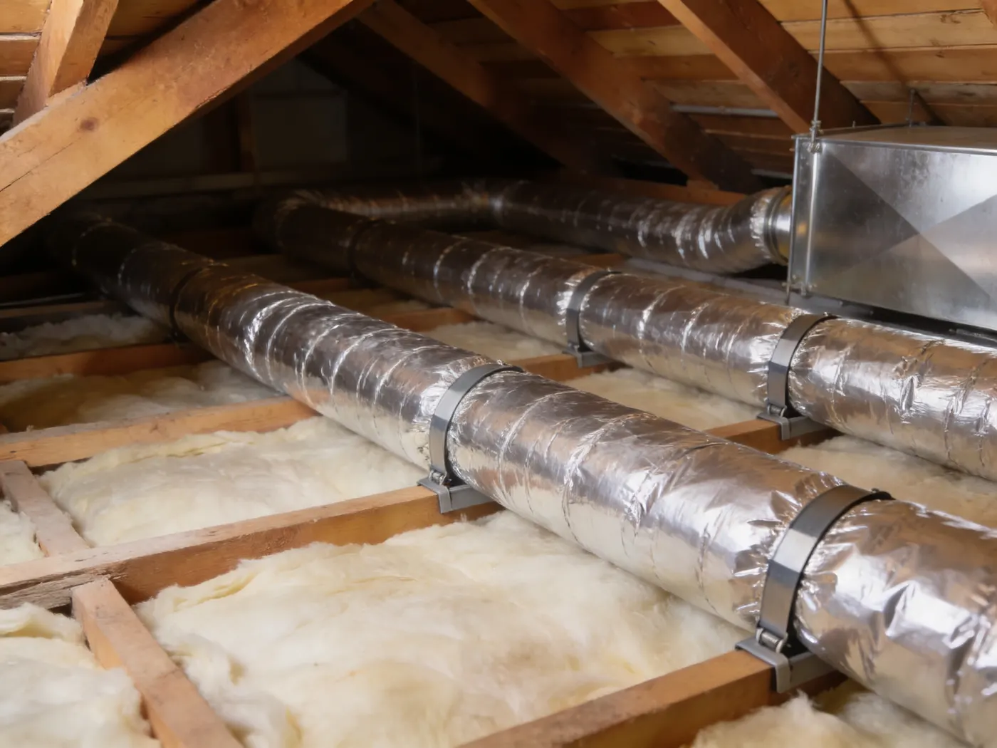 New insulated flexible ducting running in smooth even runs between roof trusses to a sheet-metal plenum.