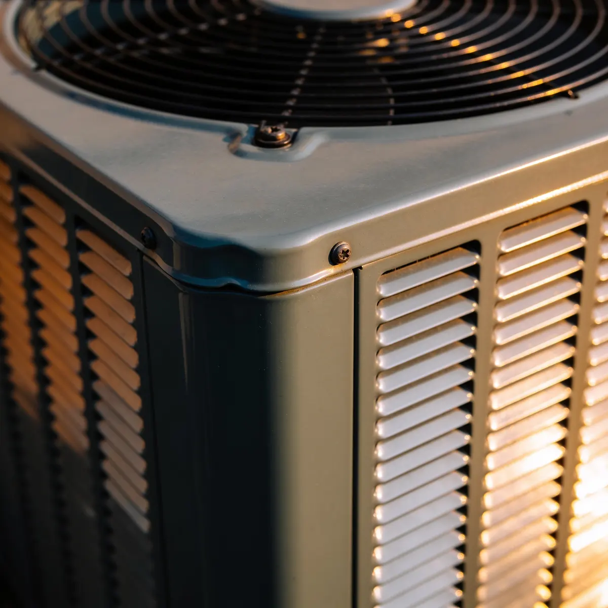 A close study of a condenser cabinet corner, crisp aluminium fins meeting a rolled steel edge.