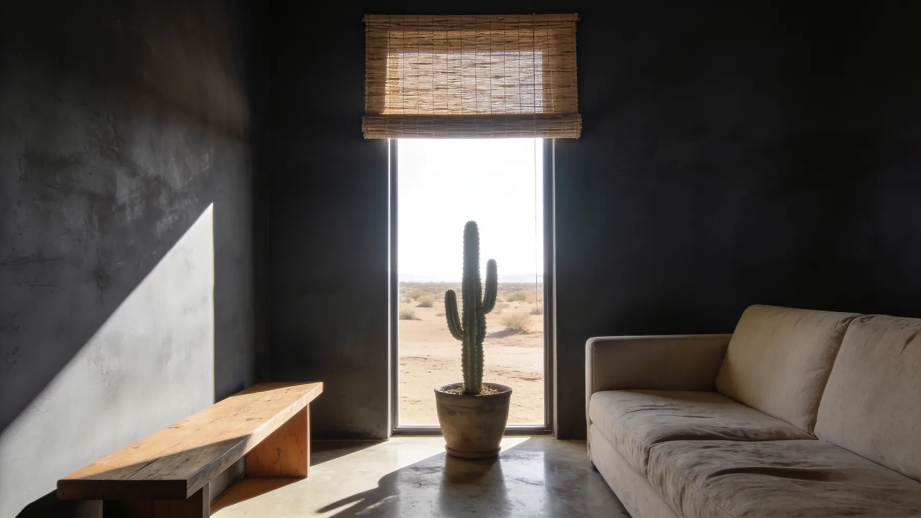 A calm living room in deep shade with woven shades half drawn against fierce white light outside.