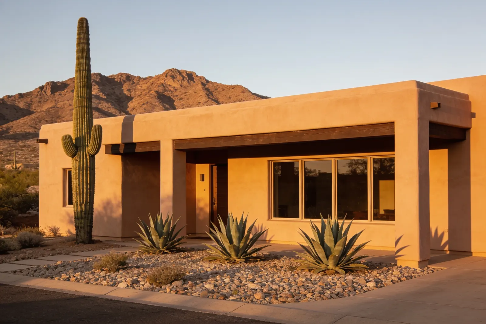 A low desert-modern home with sand stucco walls, deep shaded overhangs and a saguaro beside it at golden hour.
