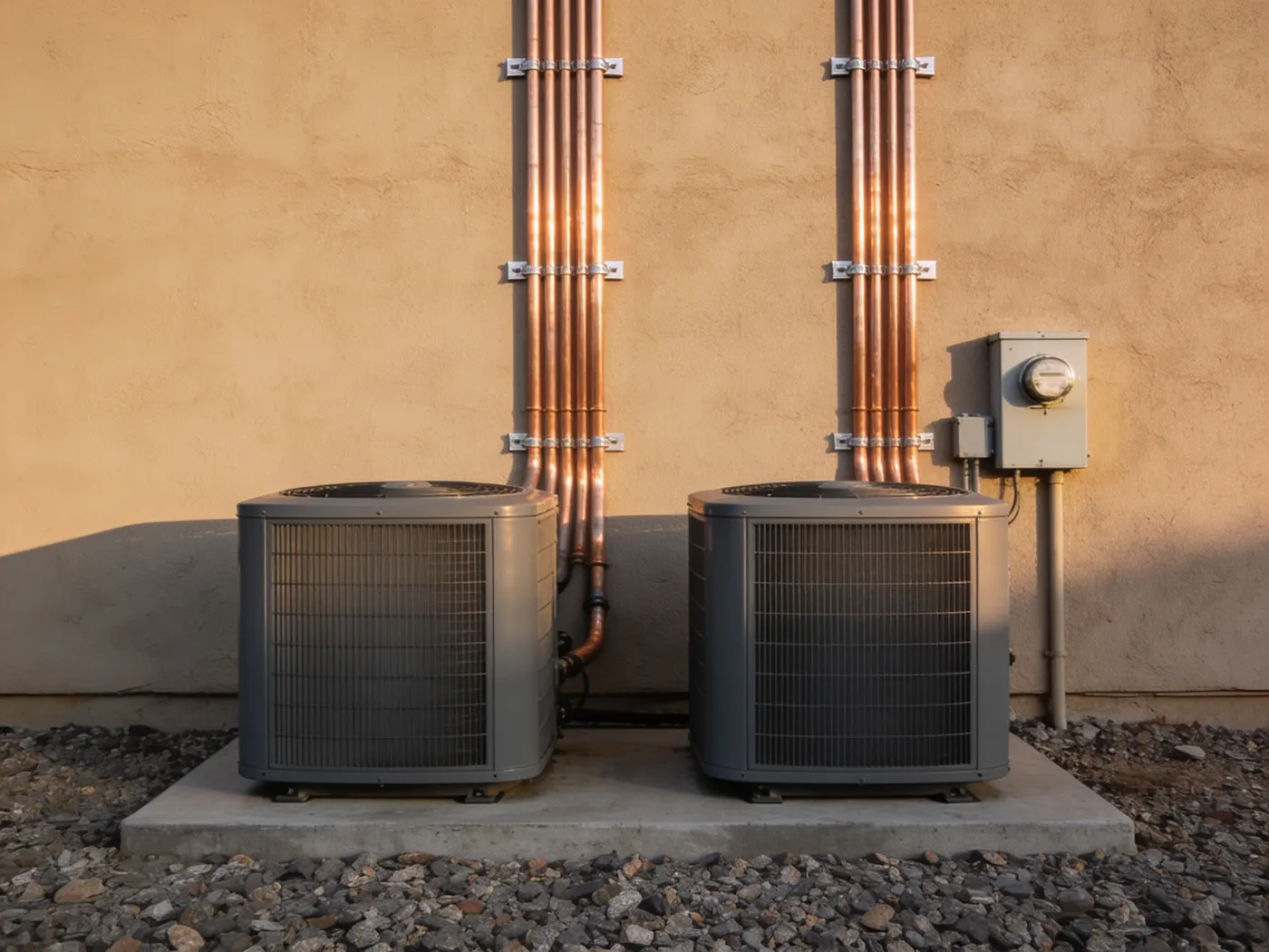 Two condensers on a level concrete pad with insulated line sets running up a stucco wall in straight parallel lines.