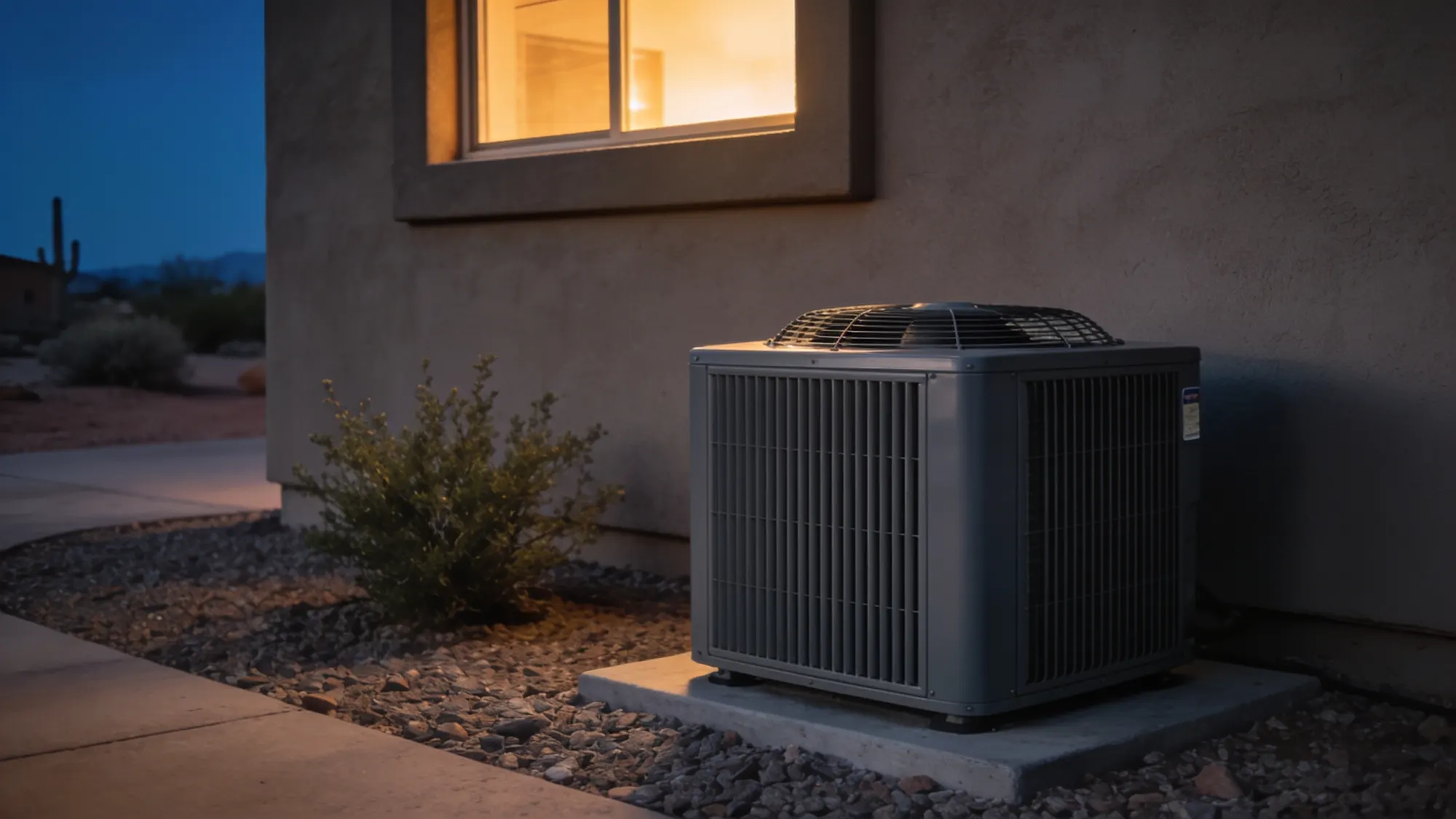 A residential condenser unit on a concrete pad beside a desert-modern home at dusk.