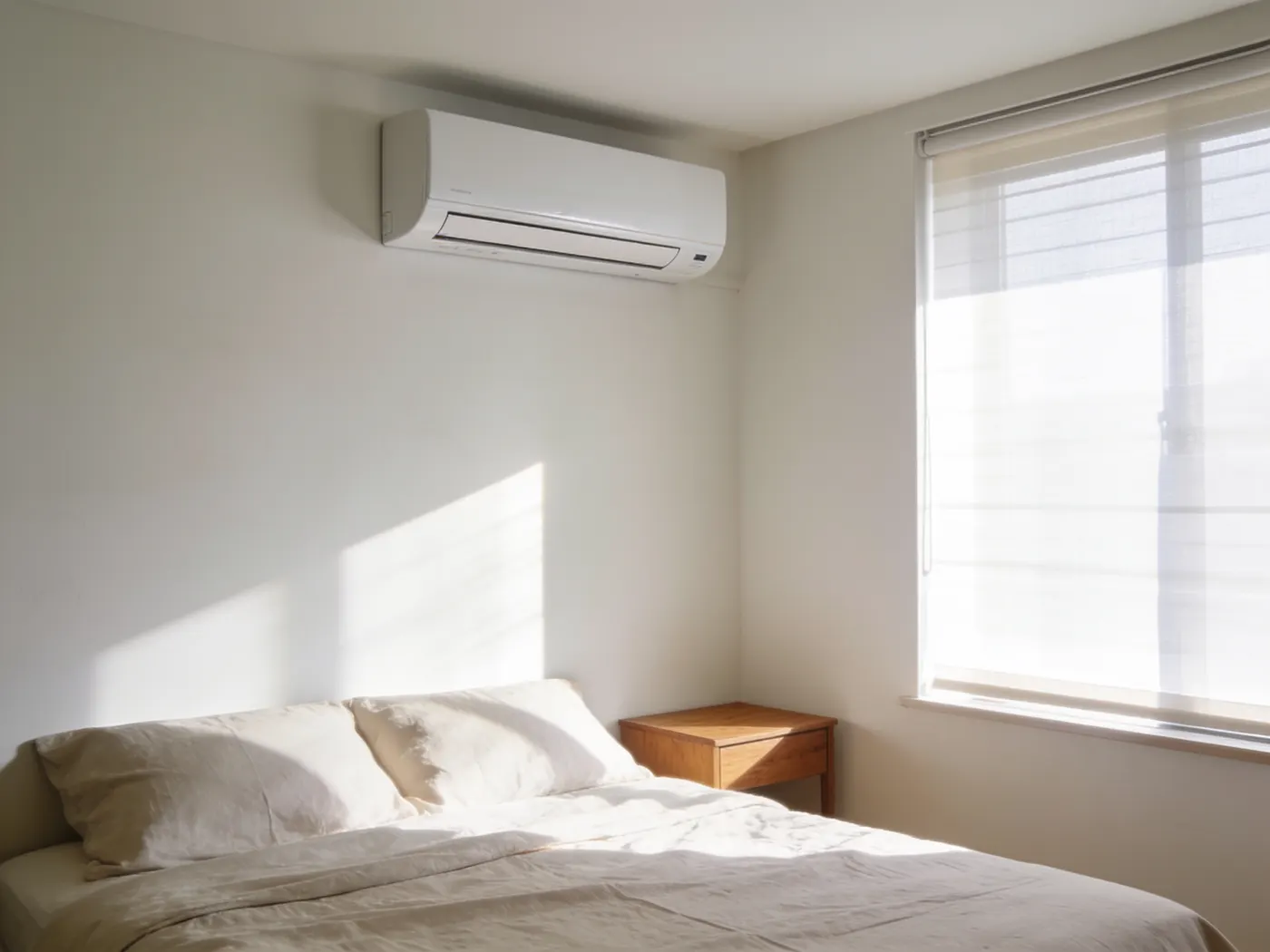 A slim wall-mounted mini-split head high on the wall of a calm bedroom with sheer shades diffusing strong sun.