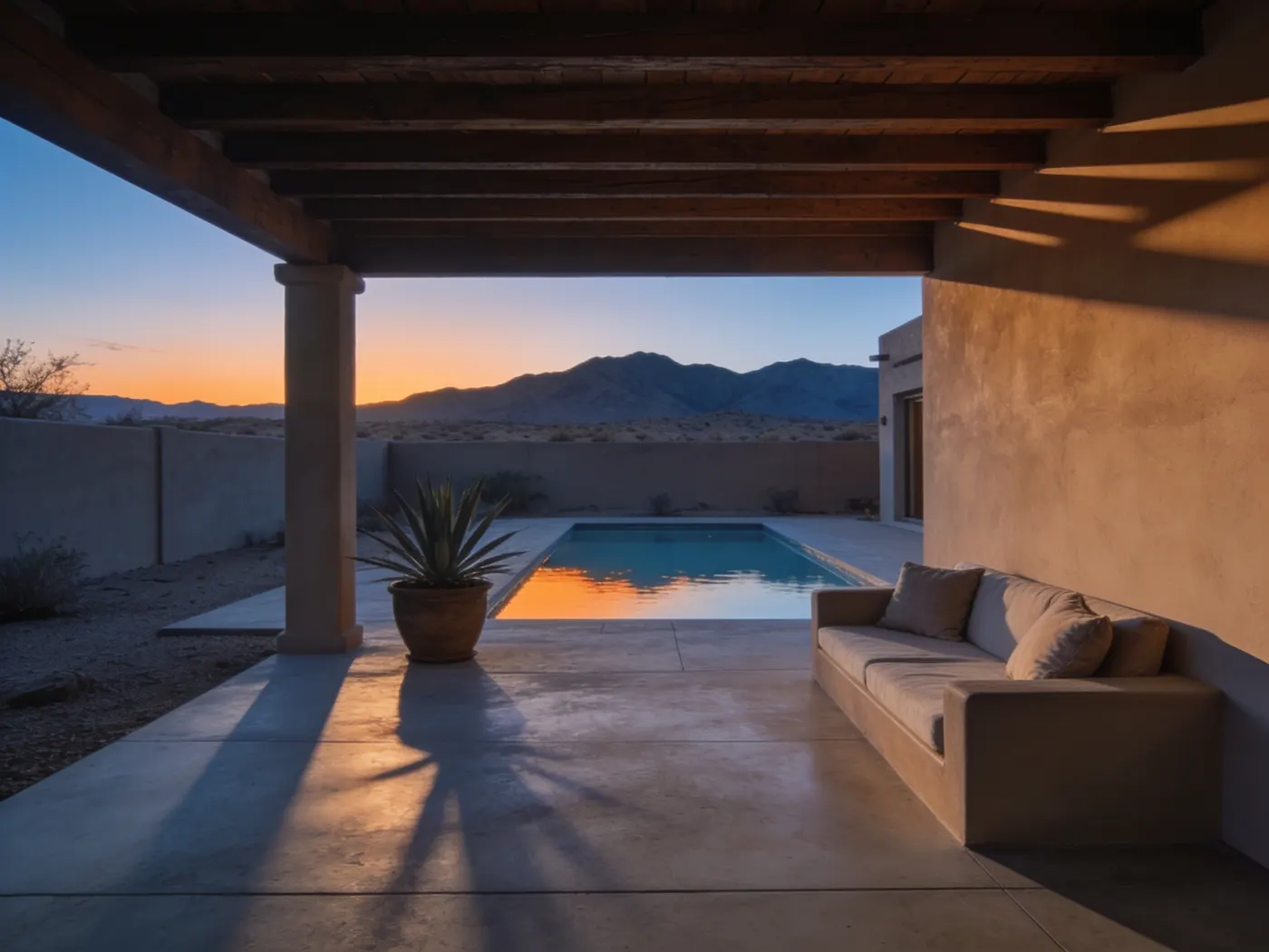 A shaded ramada over polished concrete beside a still pool reflecting the last orange light of dusk.