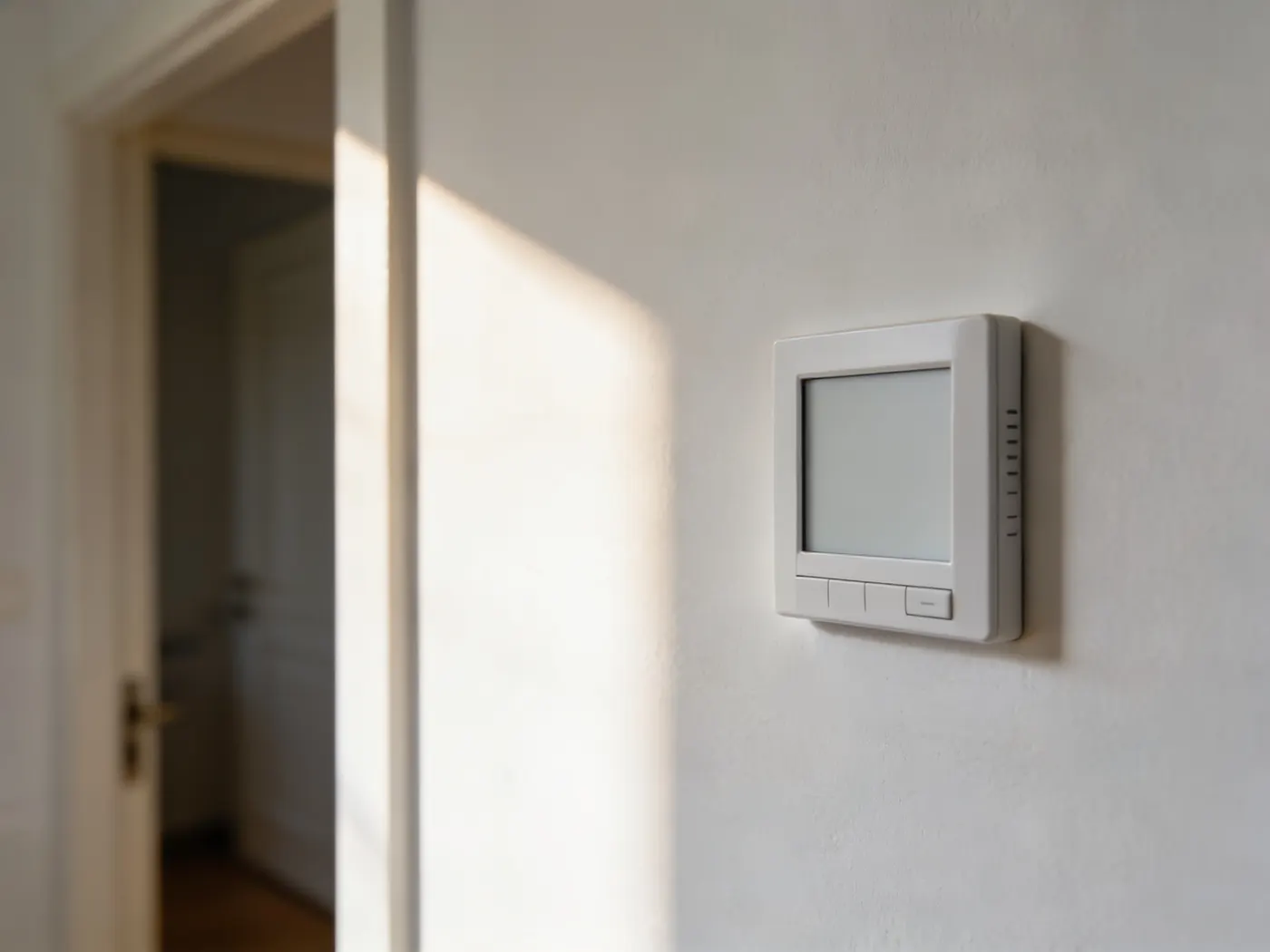 A simple modern thermostat on a warm-white plaster wall with afternoon light falling across it.