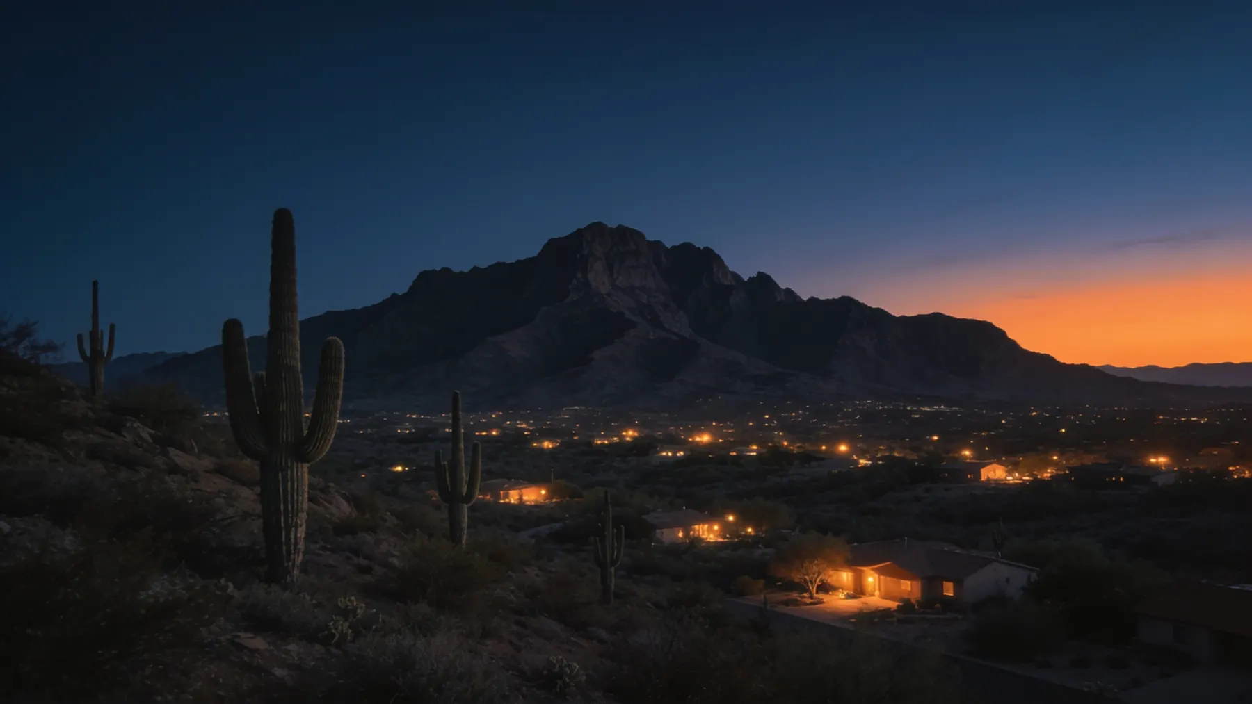 A desert mountain ridge silhouetted at deep dusk above the warm scattered lights of the valley floor.